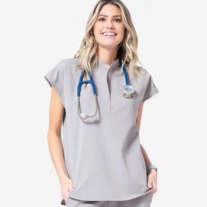 FIGS Rafaela mandarin collar scrub top cement